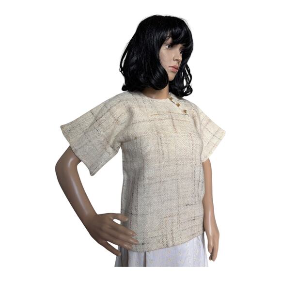 Handwoven by Gretchen one of one top shoulder button close tan cream size S - Picture 4 of 16